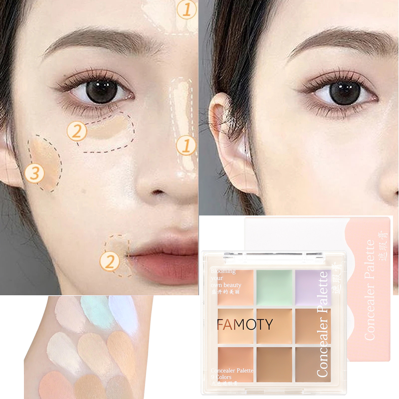 Dorisna 9 Colors Face Concealer Makeup Professional Face Highlighter Concealer Palette Smooth and Moisturizing Texture Cream Contour Makeup