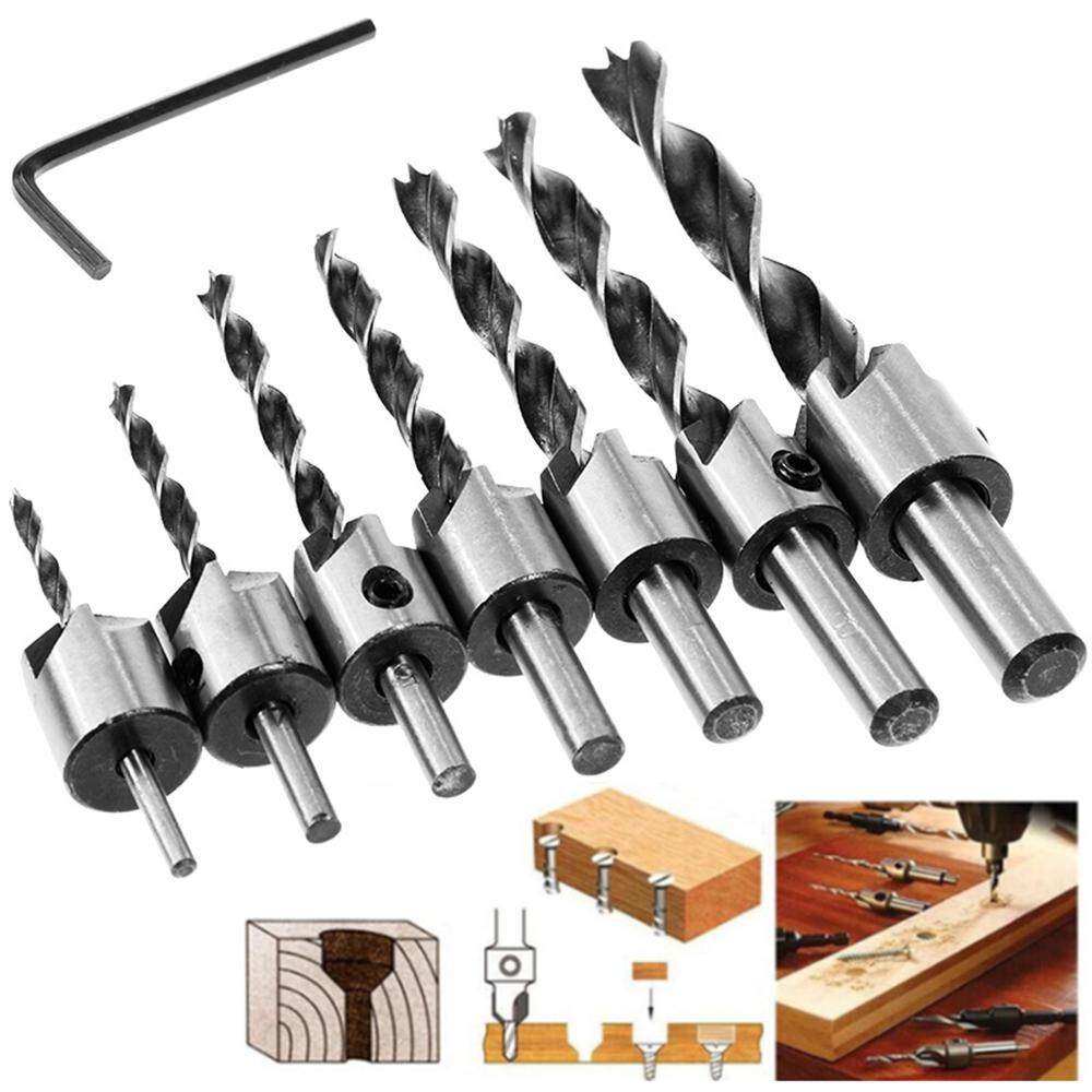 Countersink Drill Bit High-Speed Steel Drill Adjustable Carpentry Reamer Plated for Wood DIY 3-10mm Drill Bit Set with One Hex Key 7 PCS