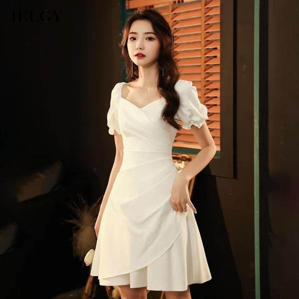 IELGY women's korean style high-quality solid color short-sleeved dress
