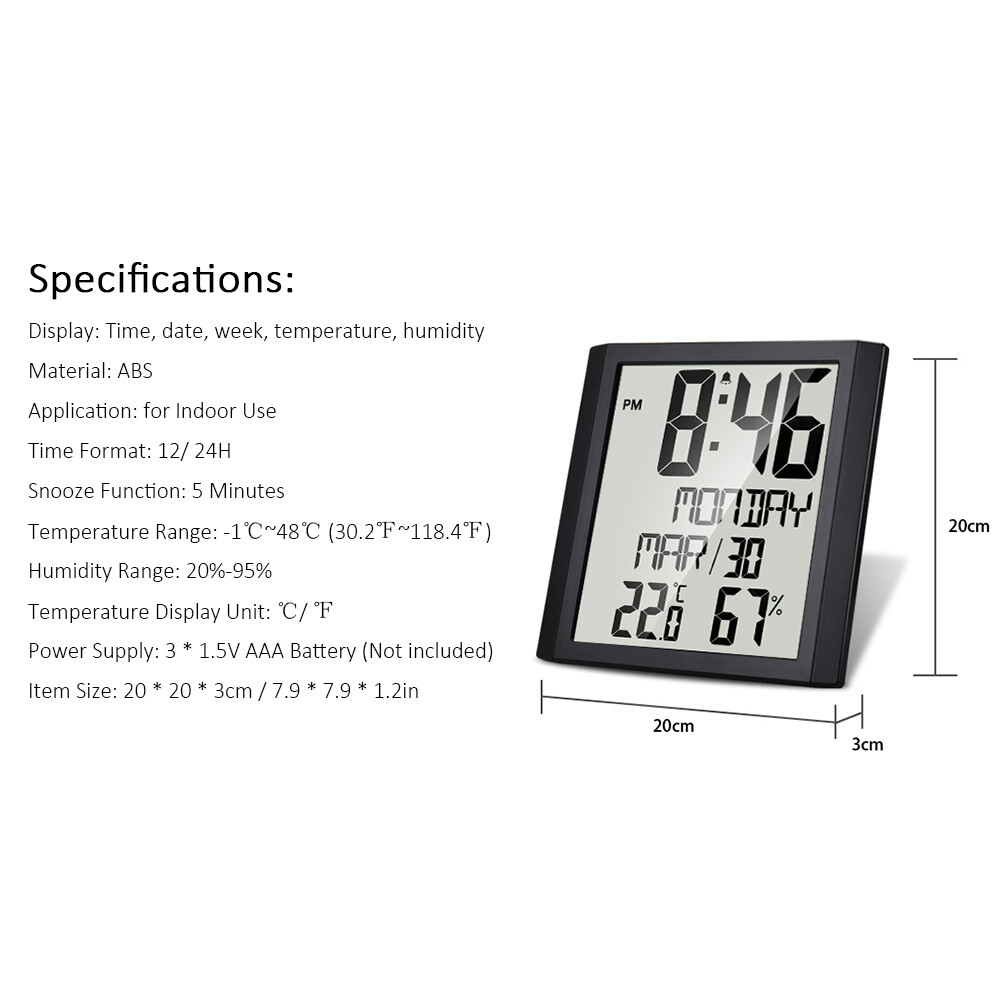 Digital Wall Clock with Temperature & Humidity 8.6'' Large Display Time/ Date/ Week Alarm Clock & Snooze °C/ °F Selectable Thermo-hygrometer Accurate Weather Monitor for Home Office