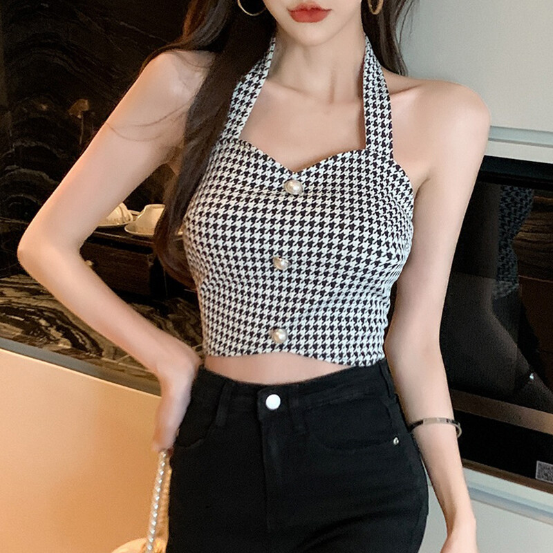 Women Houndstooth Tank Tops Halter Buttons V-Neck Sleeveless Vest Slim Fit Backless Autumn Winter Bottoming Shirt