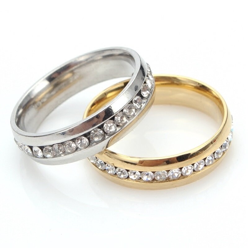 Stainless Steel Single Row Full of Rhinestone Couple Lovers Rings Couple Jewelry