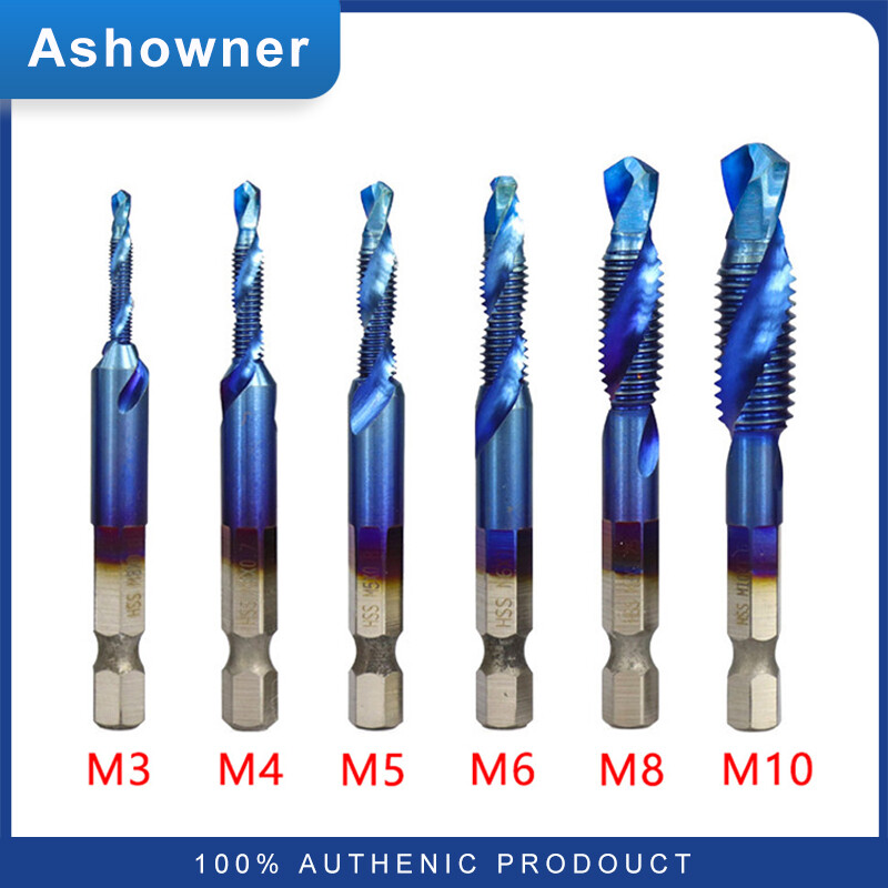 Ashowner 6Pcs M3-M10 Hex Shank Titanium Plated HSS Screw Thread Metric Tap Drill Bits Screw Machine Compound tap Hand Tools