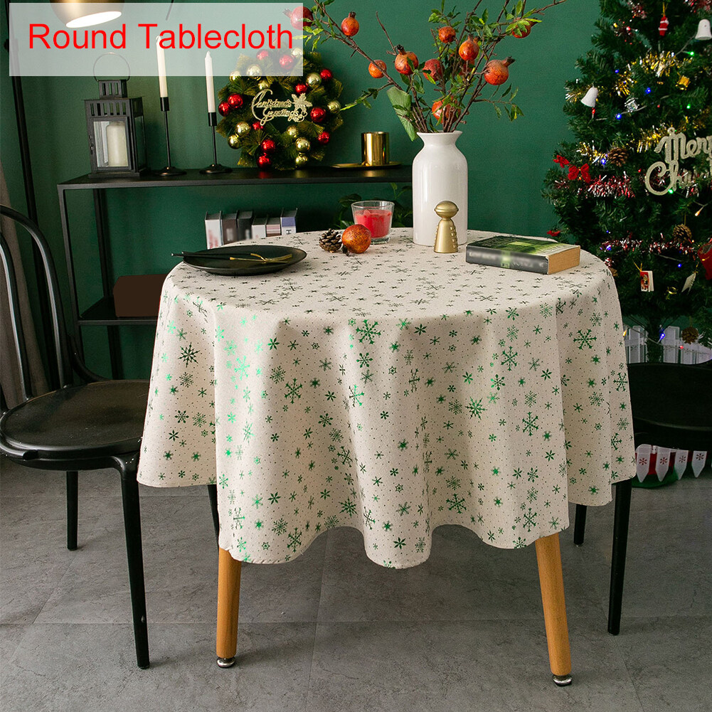 Bronzing Printed Christmas Round Tablecloth Family Gatherings Party Cotton Blend