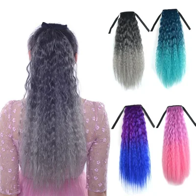 24Inch Synthetic Long Kinky Curly Fluffy Ponytail Hair Extensions Ombre Black Gray Cosplay Hairpieces for Women
