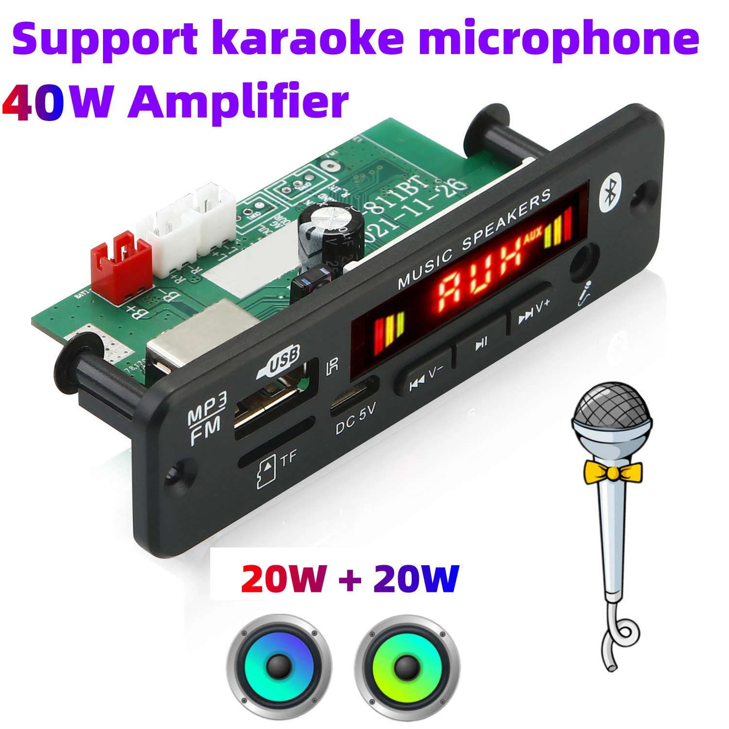 6V-12V Bluetooth 5.0 MP3 Decoder Board Module with USB Audio Player WMA WAV TF/USB Card Slot / FM Remote Board Module with 2*20W Amplifier
