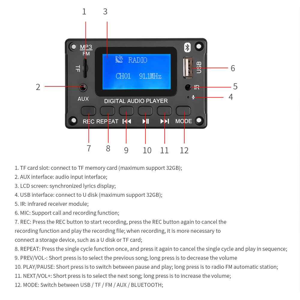 KEBIDU Mô-đun Bảng Giải Mã MP3 Bluetooth 5.0 DC 5V 12V Màn Hình Màu Ghi Âm Cuộc Gọi Cho Xe Hơi Máy Nghe Nhạc MP3 USB WMA WAV Khe Cắm Thẻ TF/Mô-đun Bảng Điều Khiển Từ Xa USB / FM