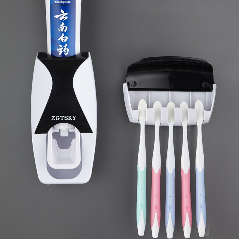 Automatic Toothpaste Dispenser Toothbrush Holder Set Dustproof Sticky Suction Bathroom Wall Mounted Toothpaste Squeezer
