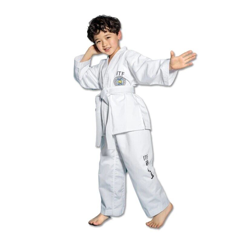 ITF Taekwondo Trọng lượng siêu nhẹ mới bắt đầu máy bay chiến đấu bộ đồng phục gi đào tạo dobok đồng phục hoa văn thêu