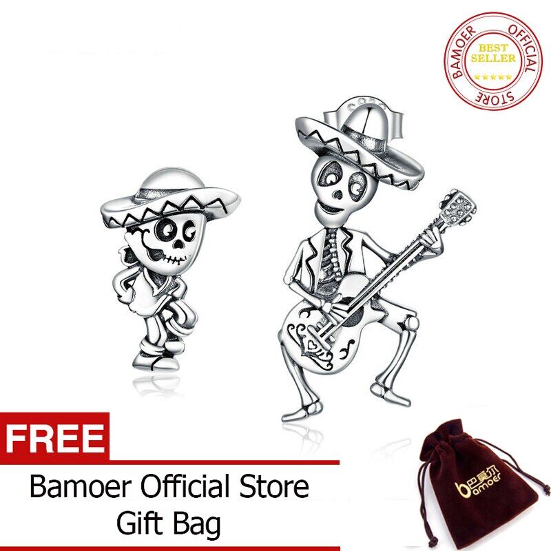 BAMOER Oxidized silver Stud Earrings for Women Skull Man with Guitar Jewelry Gift for Girl 925 Sterling Silver Jewelry BSE420
