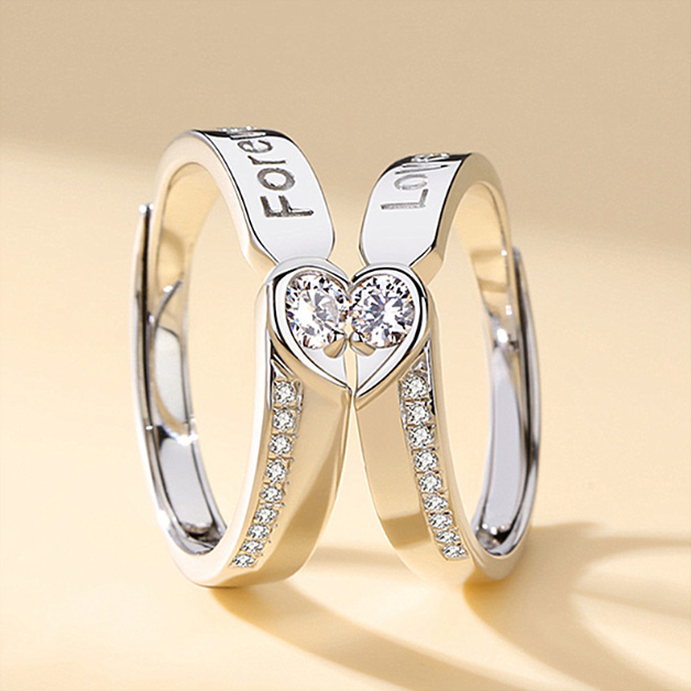 [Lady Sugar] 2Pcs/Set Silver Couple Rings Fashion Forever Love Heart Simple Rings for Lovers Wedding Anniversary Gifts