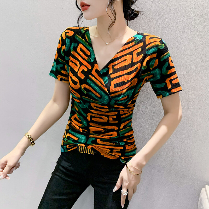 YIMEI Áo Thun Nữ Quảng Châu Đẹp 2023 Ngắn Tay Mùa Hè Mới Áo Nữ Thiết Kế Ôm Sát Cổ Chữ V Gợi Cảm