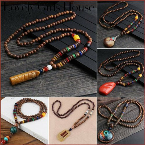 【♡Lovely girls house♡】Retro Bodhi Wood Bead Pendant Necklace Women Men Long Sweater Chain Jewelry Gift