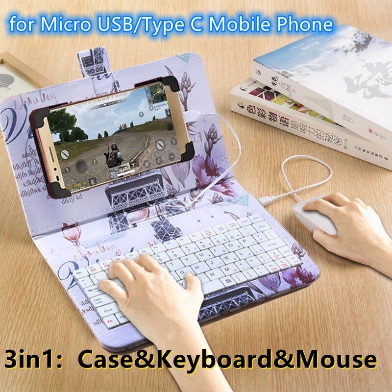 3in1 Mobile Phone Keyboard Mouse Set Wired Type-C Micro USB Leather Cover Stand Holder For Play Game Android Huawei Xiaomi Vivo Oppo Malaysia