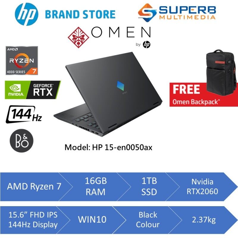 HP OMEN Laptop 15-en0050AX (AMD Ryzen 7, 16gb ram, 1tb ssd, Nvidia RTX2060 6GB, 15.6 FHD IPS 144hz, Win10, Black) Malaysia