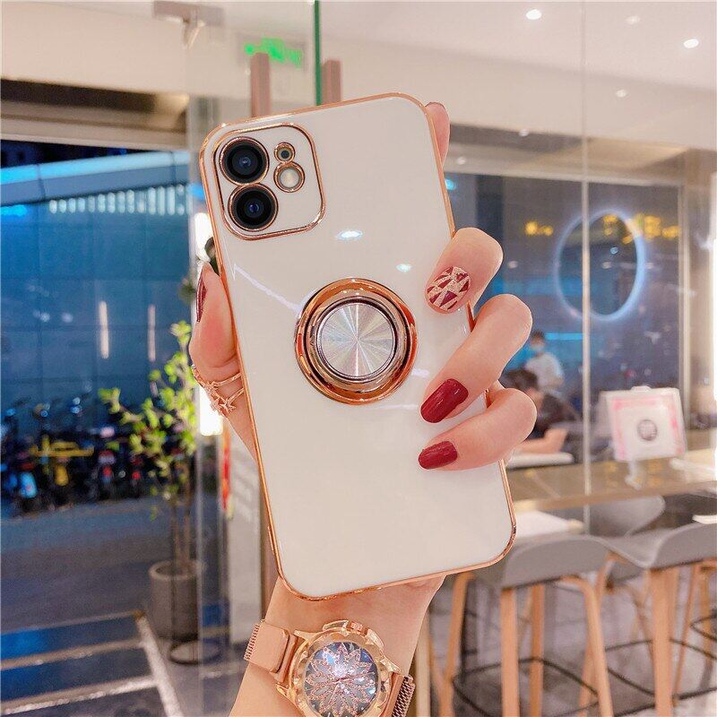 🔥 HOCE Fashion Ring Holder Plated Cases For iPhone 7 8 14 15 Plus 11 13 12 14 15Pro Max MINI XS XR X Gold Grip Metal Phone Stand Cover Luxury Phone Case