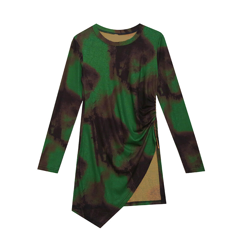 REHIN Women's top Green tie-dye print irregular round neck long sleeve T-shirt thin elegant blouse