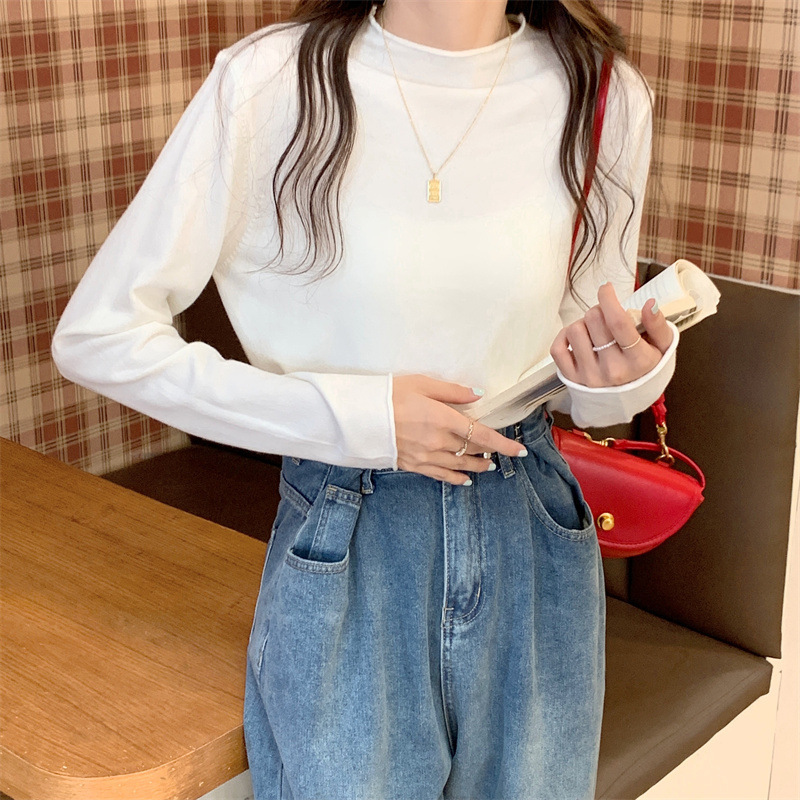 IELGY women's solid color half turtleneck long sleeve knitted bottoming shirt