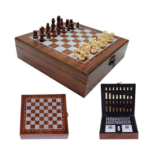 Wooden Chess Playing Cards, Dice, Domino Board Game 4 in 1 Set, Kids Adult Folding Portable Travel Chess Board Set