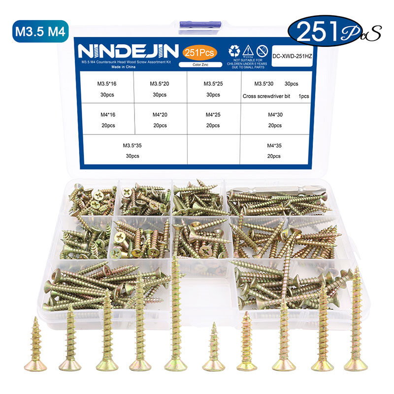 NINDEJIN Wood Screw Set M3.5 M4 Cross Recessed Fiberboard Screw Zinc Plated Self Tapping Screw Countersunk Flat Head Screws