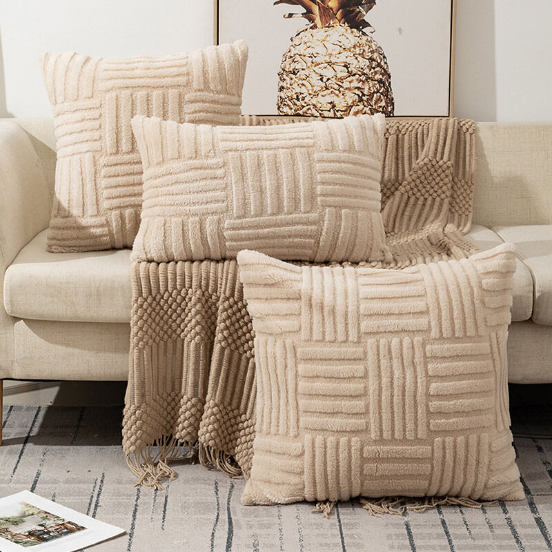 New Plush Cushion Cover 30x50 45x45 50x50cm Pattern Design Office Sofa Waist Pillow Cover for Sofa Livingroom Decor Pillowcase White Beige Grey