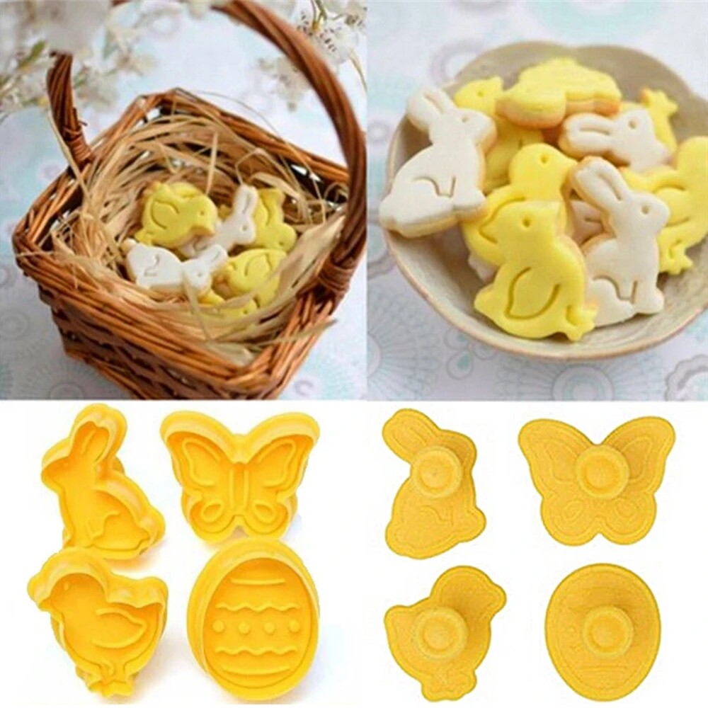 YESPERY 4Pcs/Set Easter Biscuit Cookie Cutter Egg Rabbit Chick Butterfly Plastic Plunger Fondant Pastry Set Mold Decor Baking Tools