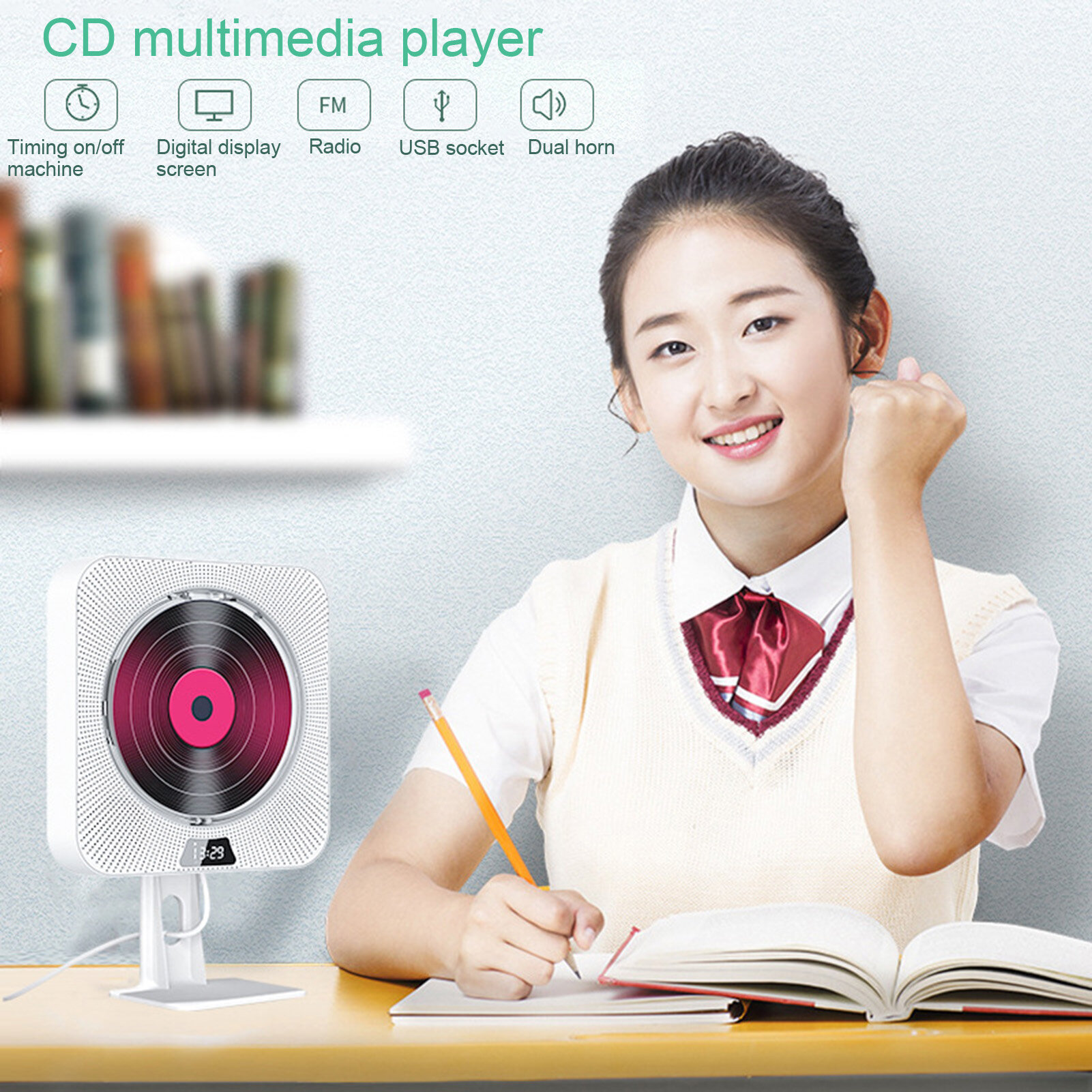 1 Set Disc Player Wall-mounted Disc /TF Repeat Built-in Bluetooth-compatible Multi-functional Disc Music Player Office Supply Learning Machines Disc
