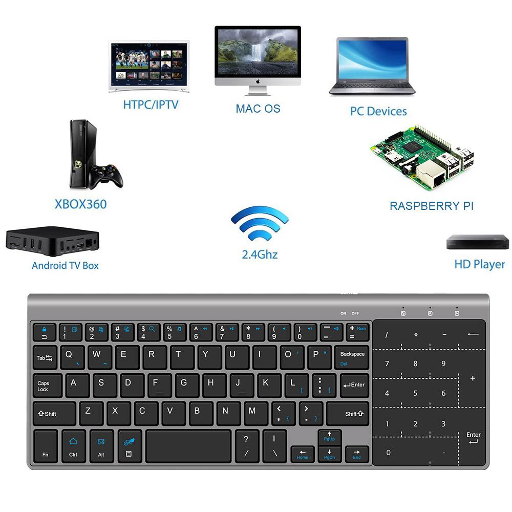 Không Tiếng Ồn Xách Tay Phím Bàn Phím 2.4G Siêu Mỏng Mini Bàn Phím Không Dây Với Bàn Phím Số Touchpad Cho Android Thông Minh T V Hộp