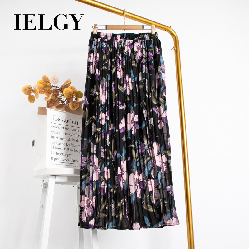 IELGY high waist retro versatile slim printed beach A-line mid-length chiffon pleated skirt