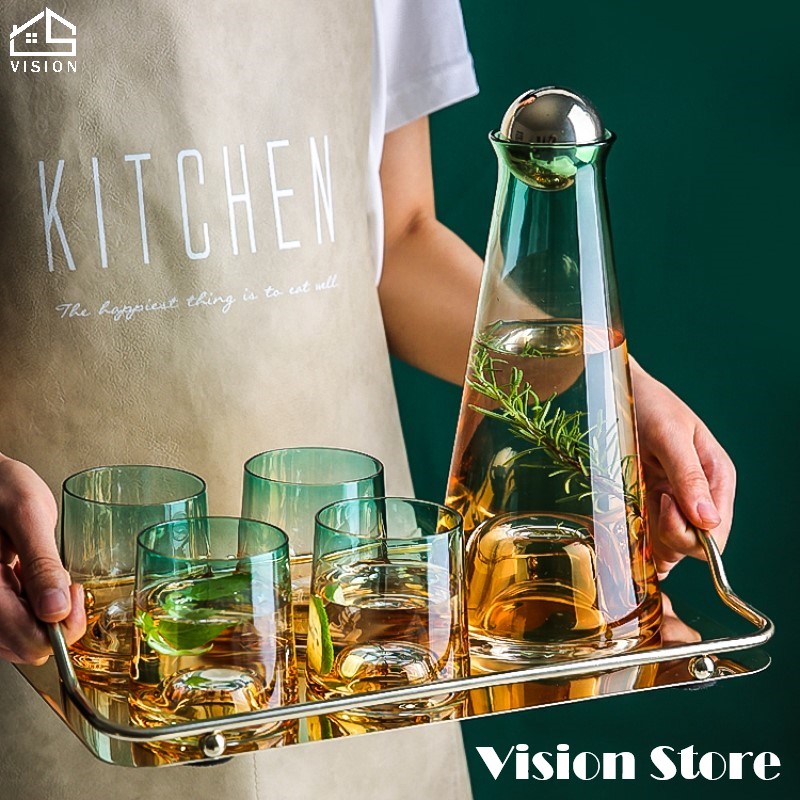 Vision Nordic Luxury Water Kettle Household Heat Resistance Water Jug Bottle Gradient Green Borosilicat Glass Juice Jug Bottle Large Capacity Teapot With Cup Filter Cold Drinkware