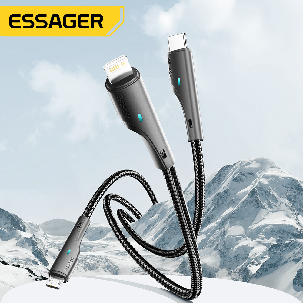 Essager 3A 3 In 1 Braided Nylon Cable Fast Charging Cable Micro USB Type C Lightning Cable Multi port USB Charging Cables