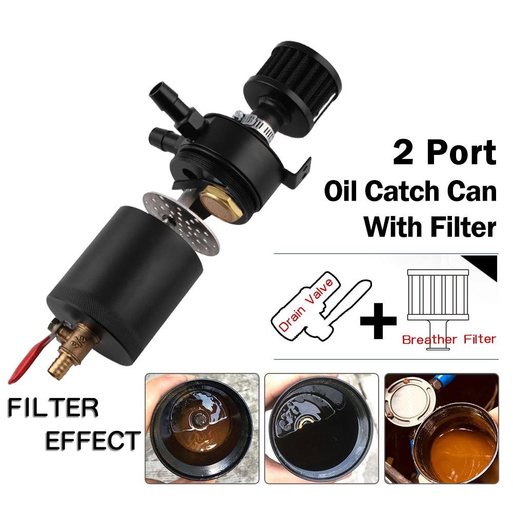 Drift King Automotive Oil Catch Can – 2-Port Baffled Reservoir With Drain Valve, Universal