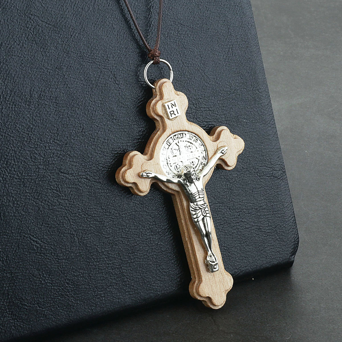 Catholic Wooden Latin INRI Cross Pendant Necklace Adjustable Leather Rope Chain Necklace Men Jewelry