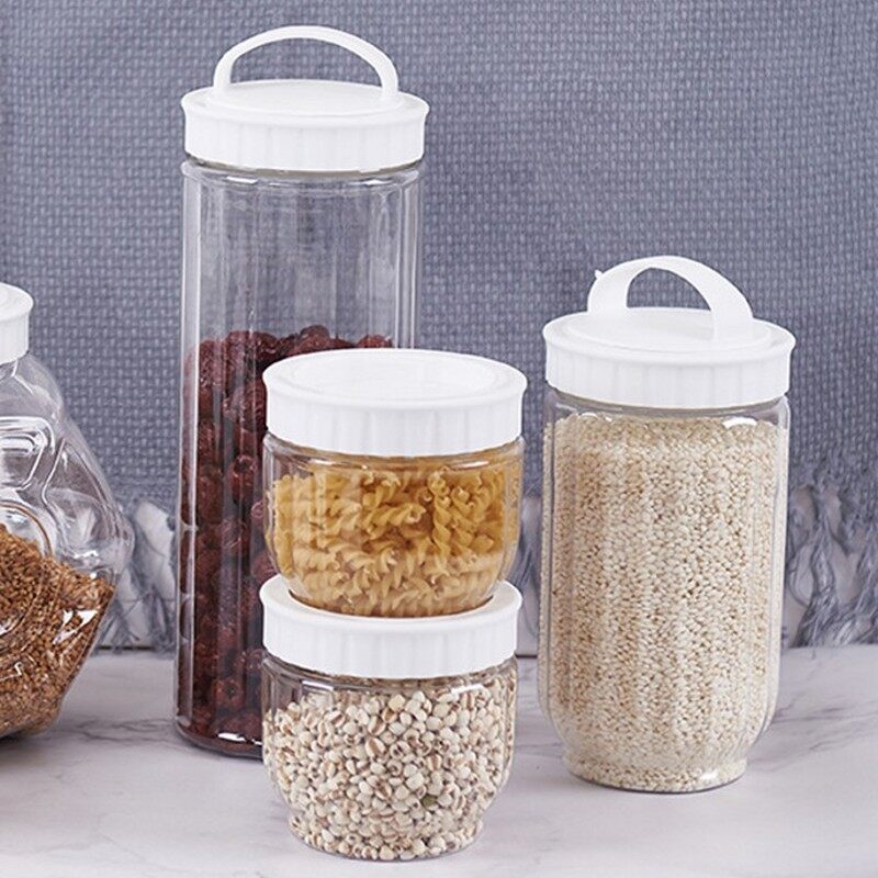 Kitchen Plastic White Food Storage Container With Lids Sealing Pot Cereal Rice Sealed Jar