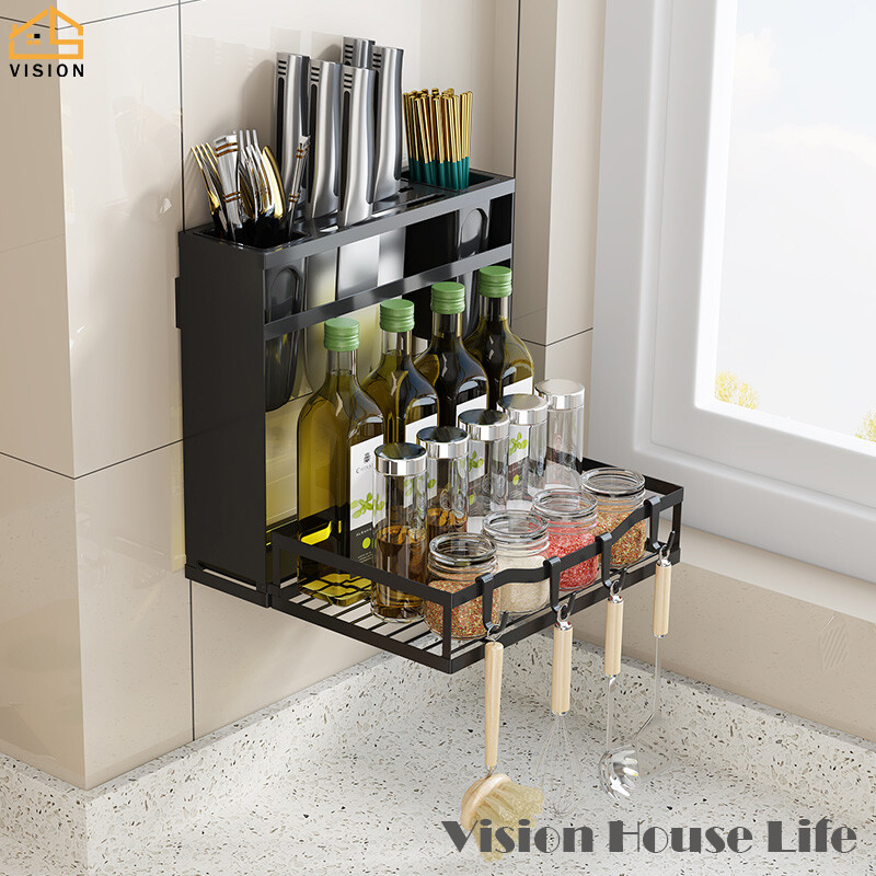 Vision Wall Mounted Kitchen Storage Rack Foldable Seasoning Rack Hole Free Rest Holder Multifunctional Chopsticks Barrel Chopping Board Storage Rack Tableware Storage Shelf