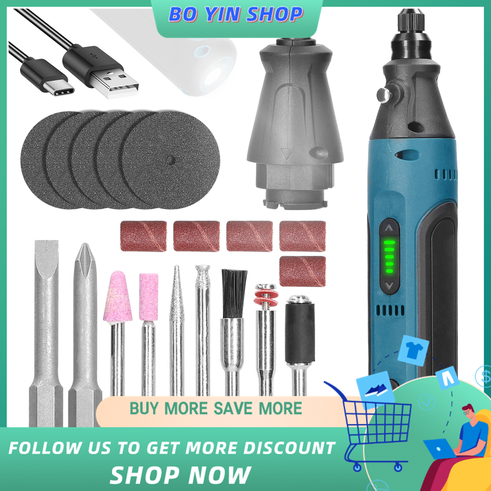 BO YIN 2in1 Grinding Pen Driver Set Cordless Type-C Rechargeable Multi-use Electric Mini Power Tool Multifunction 2Pcs Driver Bits 7Pcs Grinding Bits Kit with LED Light for Repairing Electronic Device