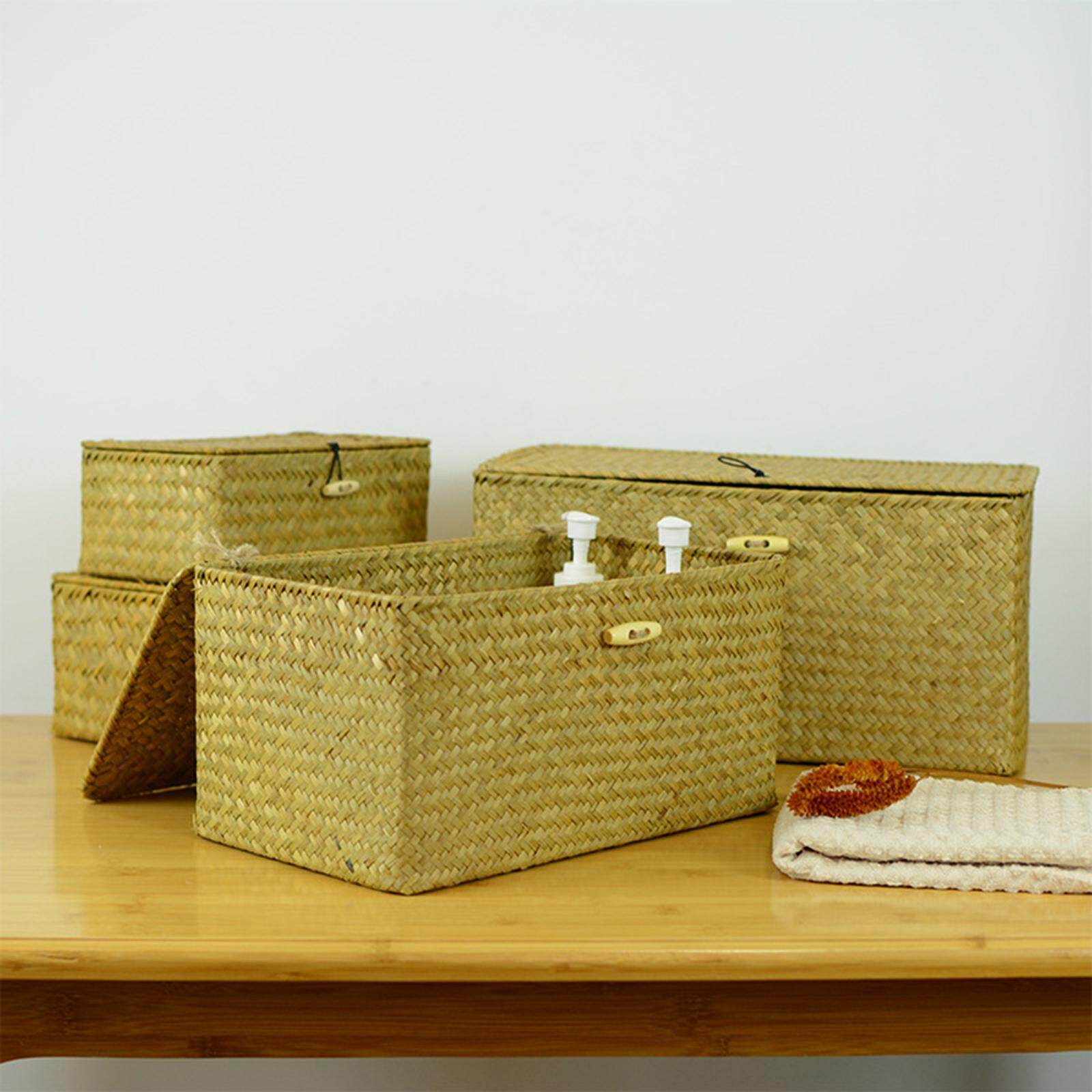 Baoblaze Wicker Baskets with Lids, Nautral Seagrass Storage Baskets, Woven Rectangular Basket Bins, Rattan Storage Organizer for Shelf