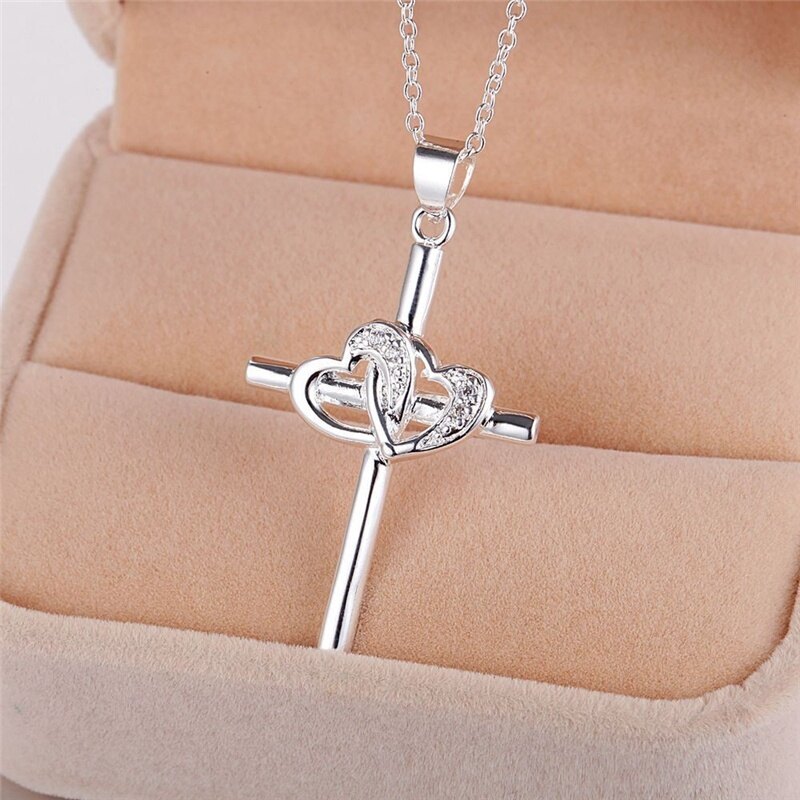 Ai HomeFashion Silver Rhinestone Heart Cross Pendant Necklace Charm Elegant Women Jewelry Accessories
