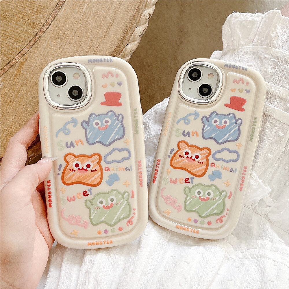 High Quality Electroplating Case for IPhone 11 12 13 14 Pro Max Casing Cute Cartoon Colorful Graffiti Monster Back Cover Couple Shockproof Phone Case