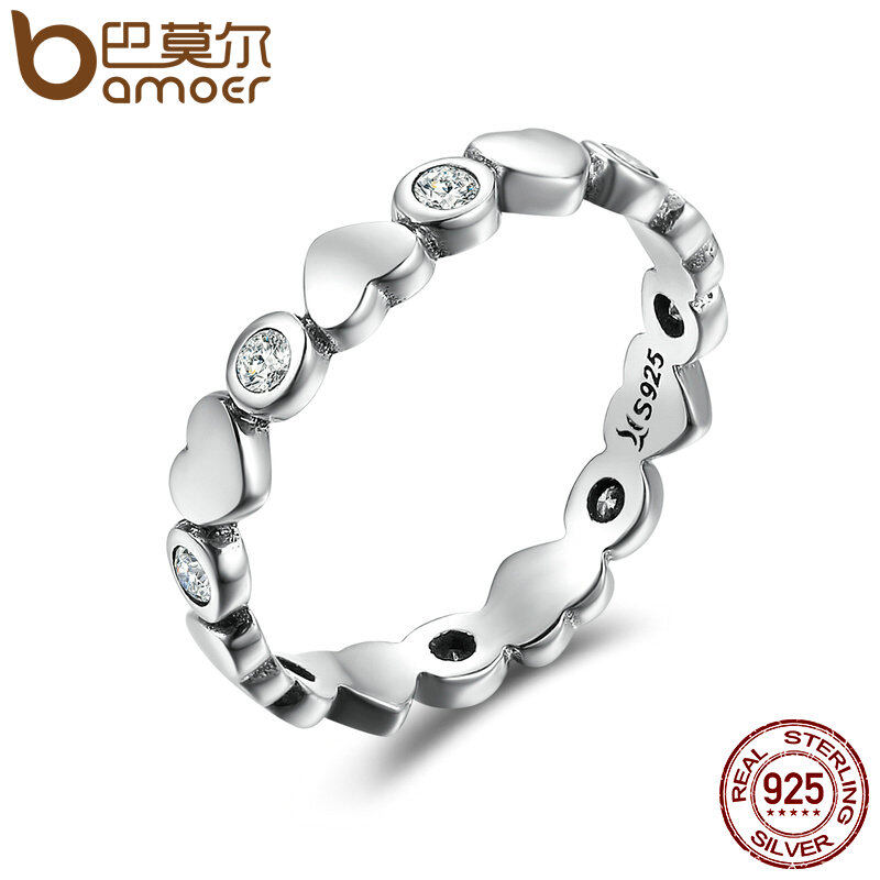 BAMOER Free Shpping Genuine 925 Sterling Silver Stackable Ring Love Heart Forever Finger Rings for Women Wedding Engagement Jewelry SCR164