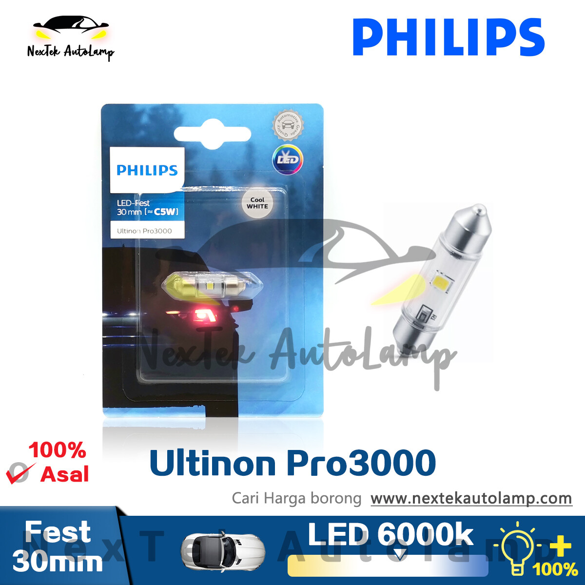 Philips Ultinon Pro3000 LED FESTOON 30mm 12V 0.6W Interior Car Light