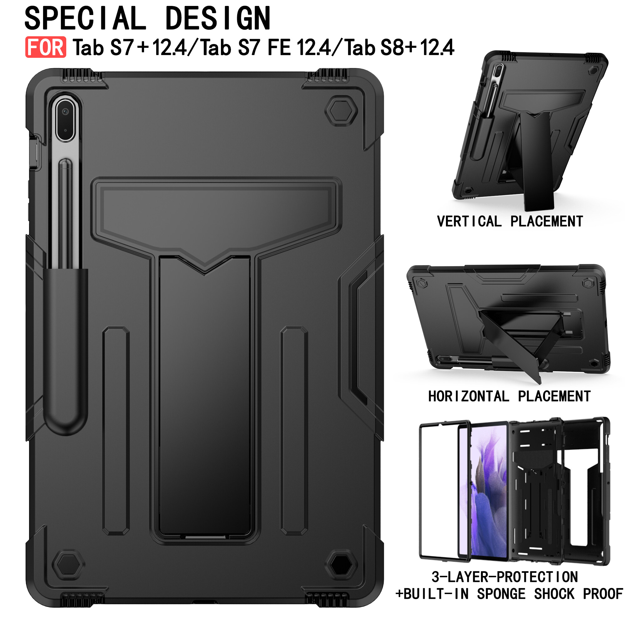 For samsung galaxy tab s7 fe s8 plus s8+ s7+ 12.4" tablet stand case sm-x800 sm-x806 sm-t730 sm-t733 sm-t736b sm-t970 sm-t976b t-shaped bracket shockproof protection cover