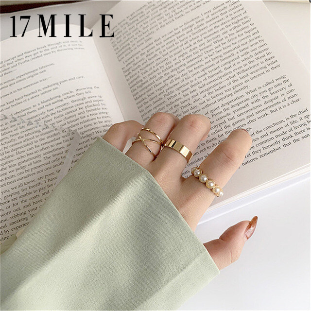 17MILE Pearl Rings Set for Women Minimalist Vintage Gold Color Wedding Finger Ring Korean Style Bands Fashion Simple Jewelry