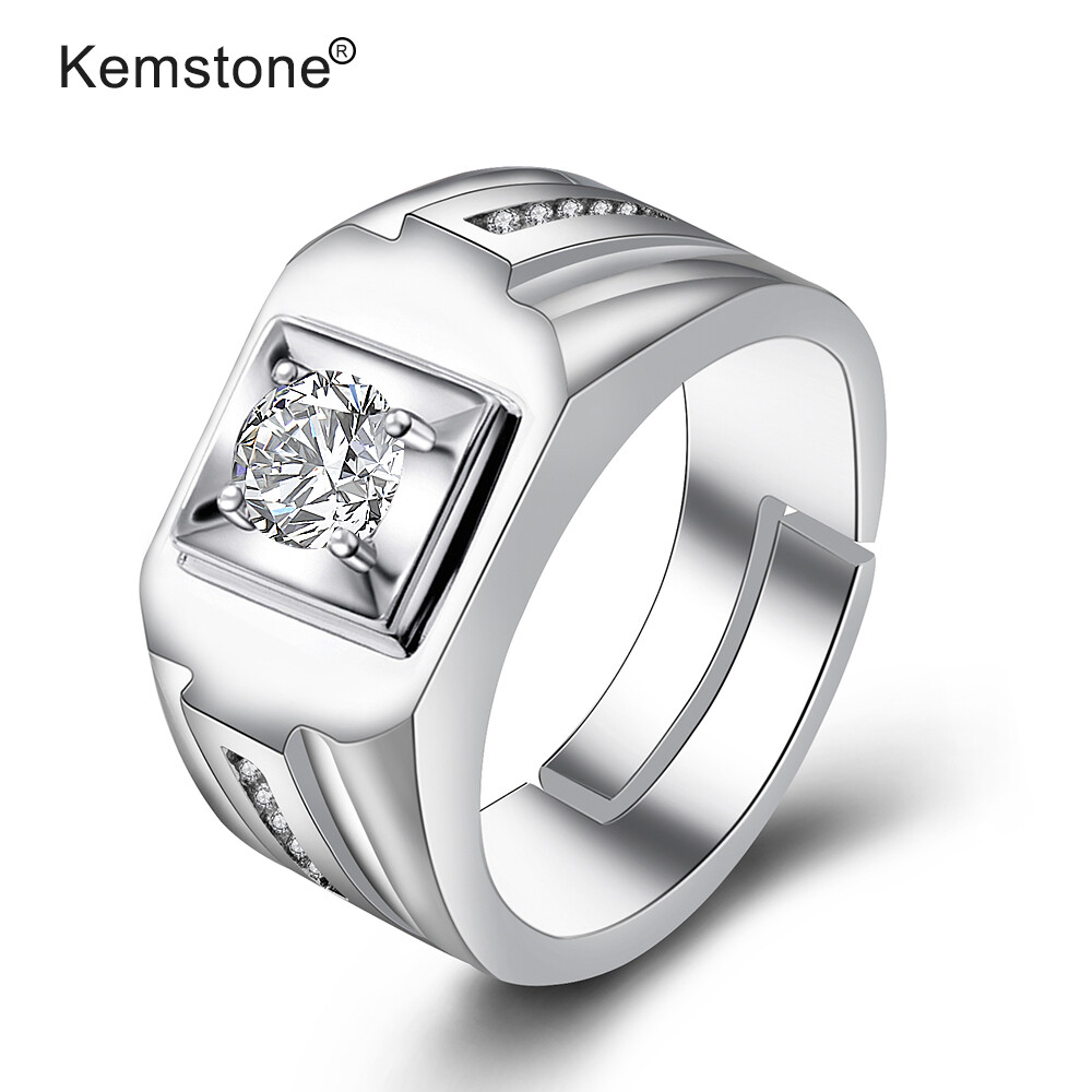 Kemstone Fashion Wedding Jewelry Silver Plated Crystal Open Adjustable Rings for Men