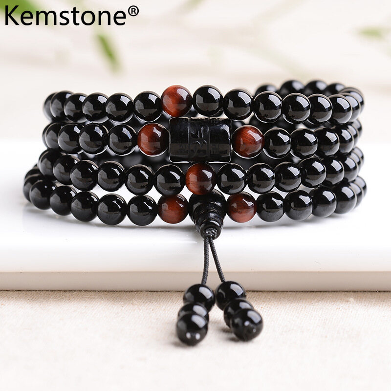 Kemstone Obsidian Buddha Beads Six Word Multi-layers Beaded Bracelet for Women Men Couple Jewelry Gifts
