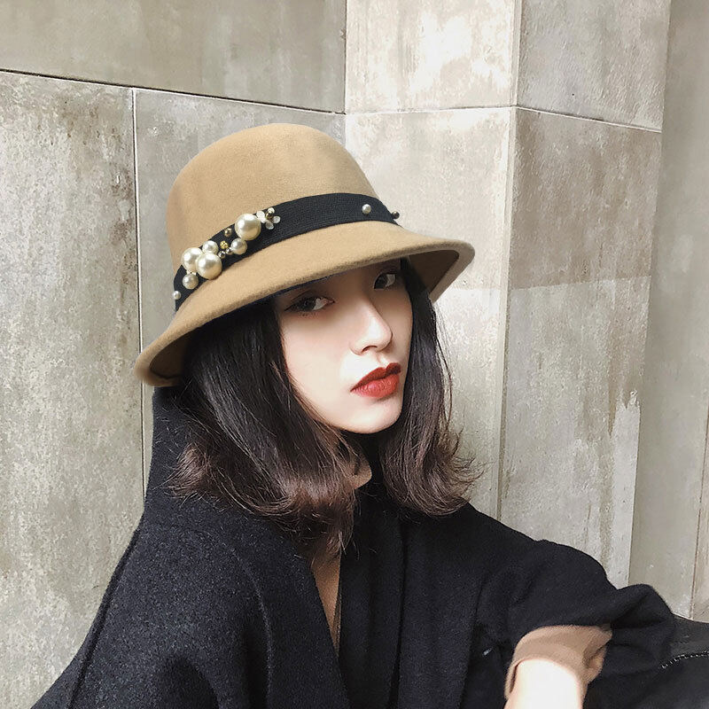 Wool Pork Pie Boater Flat Top Hat For Women Solid Color Fedora Hat Elegant Wide Brim Pearl Decoration Ladies Hat Khaki Black Cap