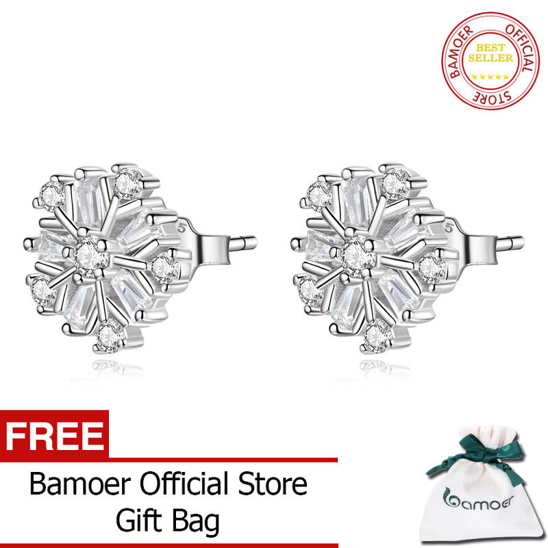 BAMOER Sparkling snowflake 925 Sterling Silver Stud Earrings For Women Fashion Jewelry SCE1289