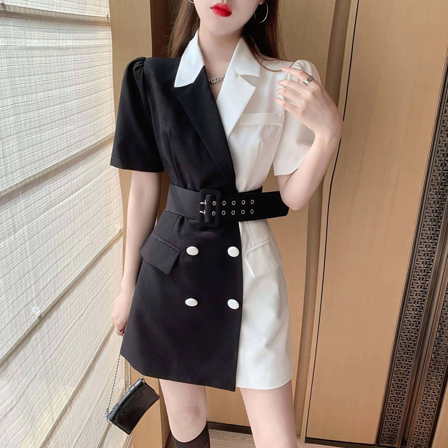2022 Summer New Niche Black and White Contrast Color Lace Suit Collar Puff Sleeve Dress