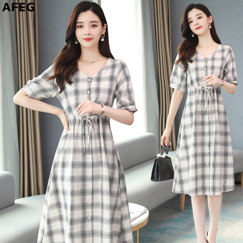 AFEG new Korean women's short-sleeved V-neck plaid casual fashion wild temperament elegant dress