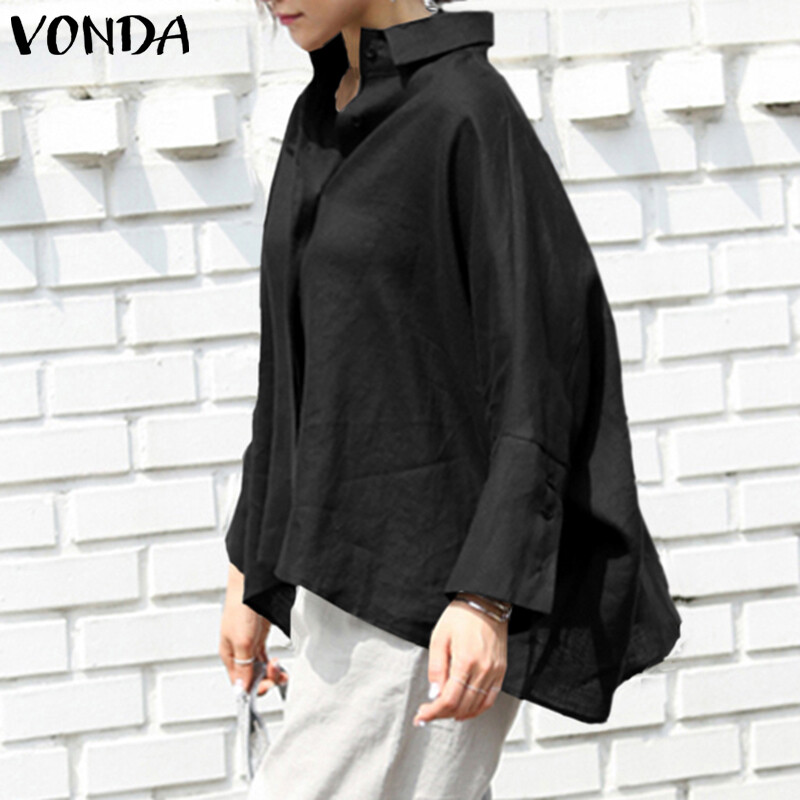 VONDA Womens Long Sleeve Casual Plain Blouse Office OL Shirt Plus Size Basic Tops Tee Plus Size (Korean Causal)